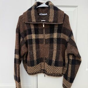 ZARA Brown and Black Plaid Fuzzy Half-Zip Jacket
